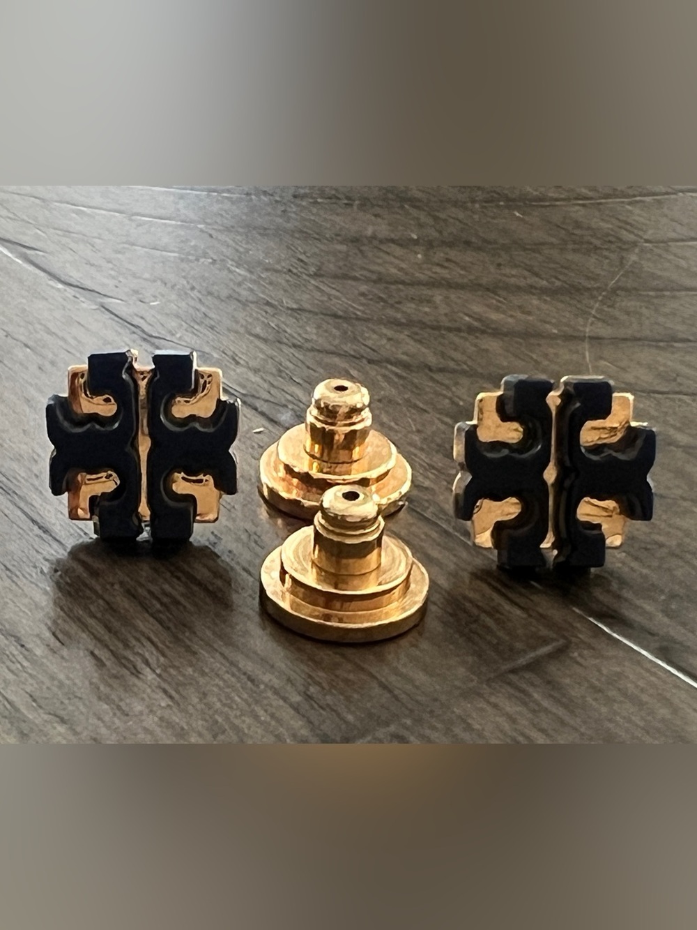 Tory Burch Classic T Gold-tone Logo Earrings w/ Navy Logo Accents & Logo Backs